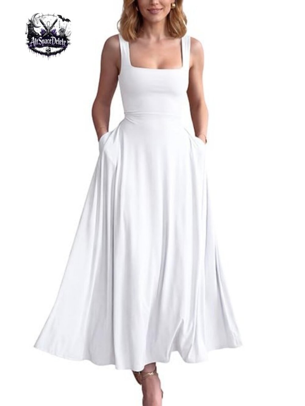 Sleeveless Square Neck A-Line Long Dress with Pockets